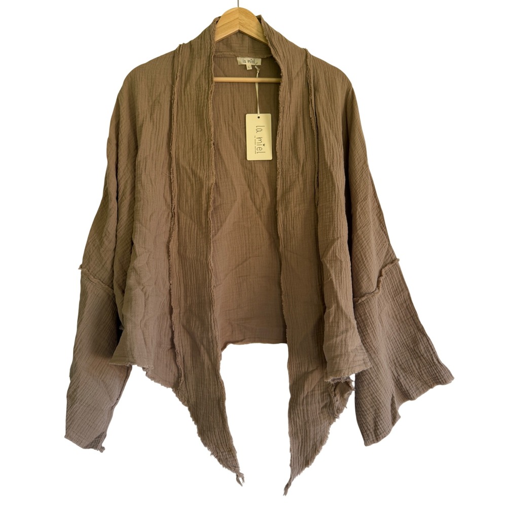 La Miel Gauze Cotton Open Front Cardigan Brown Frayed Hem HAC2111 Large NWT